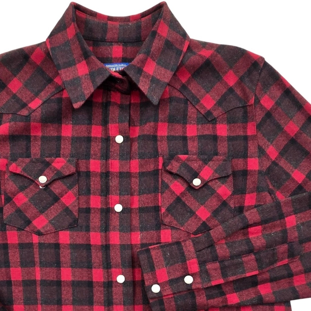 Pendleton Fitted Wool Western Shirt Pearl Snap Red Buffalo Plaid Mens Medium USA